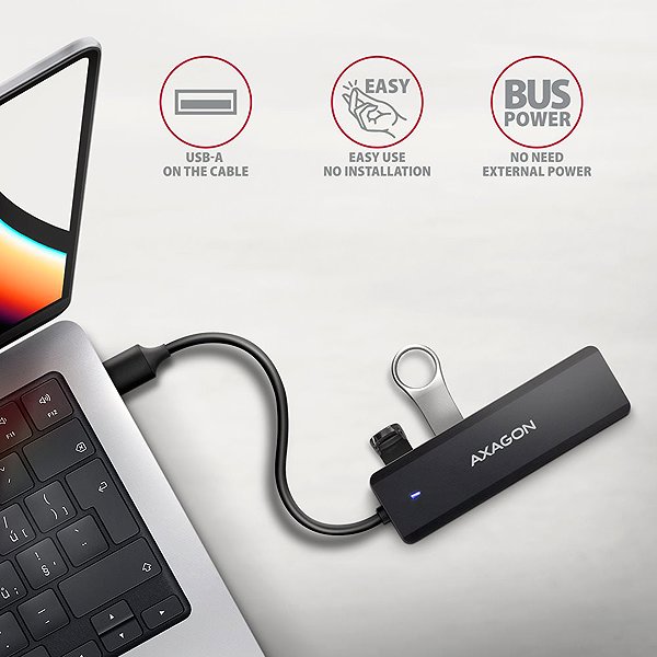 USB Hub AXAGON HUE-C1A TRAVEL Hub, USB-A 5Gbps, 4x USB-A, USB-C power IN, cable 19 cm ...