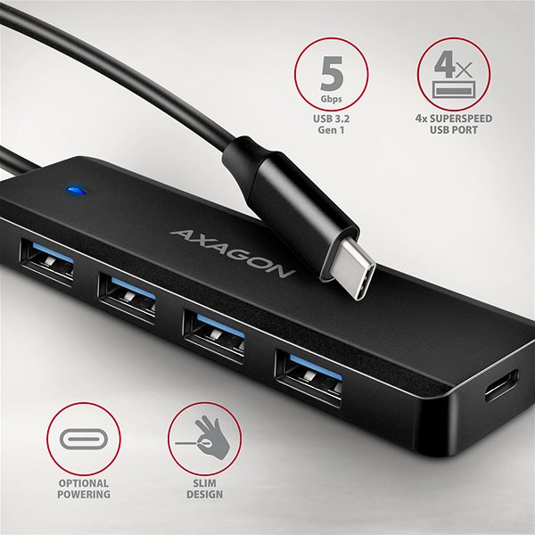 USB hub AXAGON HUE-C1C TRAVEL Hub, USB-C 5Gbps, 4x USB-A, USB-C power IN, cable 19 cm ...
