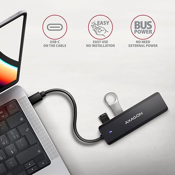 USB Hub AXAGON HUE-C1C TRAVEL Hub, USB-C 5Gbps, 4x USB-A, USB-C power IN, cable 19 cm ...