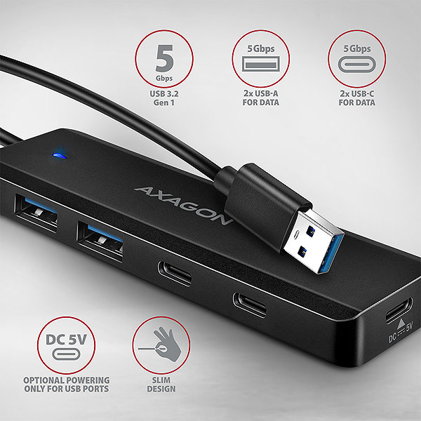 USB Hub AXAGON HUE-C2A TRAVEL Hub, USB-A 5 Gbps, 2x USB-A, 2x USB-C Power IN, cable 19 cm ...