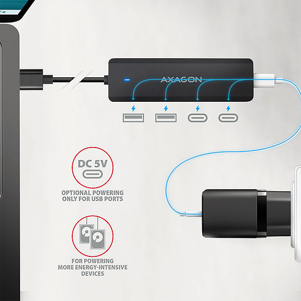 USB Hub AXAGON HUE-C2A TRAVEL Hub, USB-A 5Gbps, 2x USB-A, 2x USB-C Power IN, 19 cm cable ...