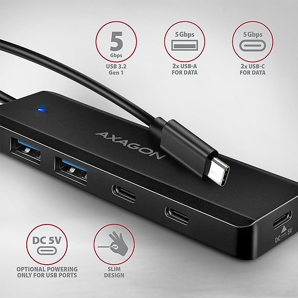 USB Hub AXAGON HUE-C2C TRAVEL Hub, USB-C 5 Gbps, 2x USB-A, 2x USB-C Power IN, cable 19 cm ...