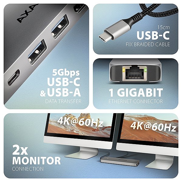 Dokkoló állomás AXAGON HMC-7HX2, 7in1 Hub, USB-C 5Gbps, 2x USB-A, 1x USB-C, 2x HDMI 4k/60, RJ-45, PD 100W ...