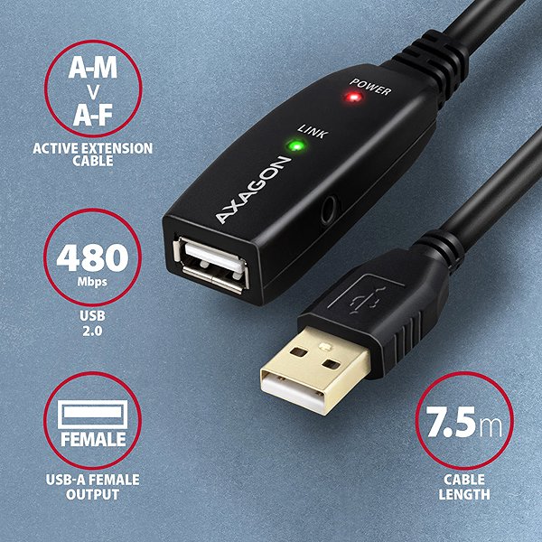 Data Cable AXAGON ADR-207 USB 2.0 active extension / repeater cable USB A -> USB A, 7.5m ...