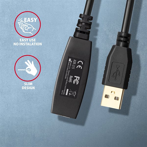 Dátový kábel AXAGON ADR-215 USB 2.0 active extension/repeater cable USB A -> USB A, 15 m ...