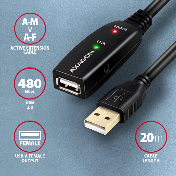 Dátový kábel AXAGON ADR-220 USB 2.0 active extension/repeater cable USB A -> USB A, 20 m ...