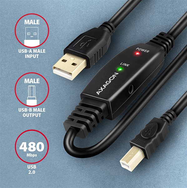 Dátový kábel AXAGON ADR-215B USB 2.0 active connecting/repeater cable USB-A -> USB-B, 15 m ...