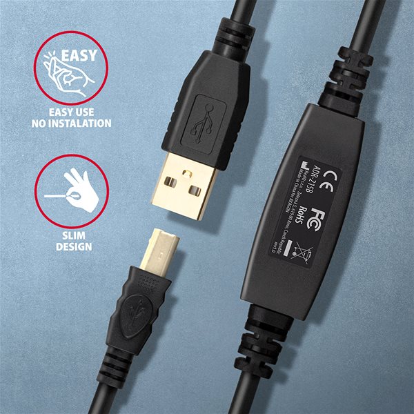 Dátový kábel AXAGON ADR-215B USB 2.0 active connecting/repeater cable USB-A -> USB-B, 15 m ...