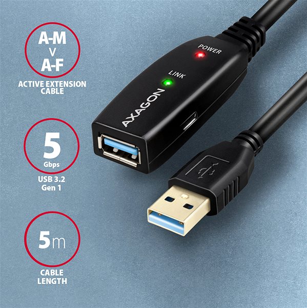 Dátový kábel AXAGON ADR-305 USB 3.0 active extension/repeater cable USB A -> USB A, 5 m ...