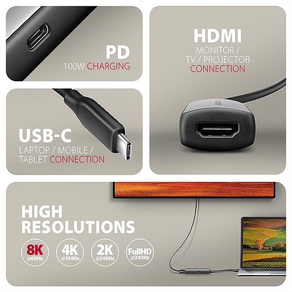 Adapter AXAGON RVC-HI8KPD, USB-C -> HDMI 2.1 adapter, 8K/60Hz, 4K/144Hz, HDR10+, PD 100W ...