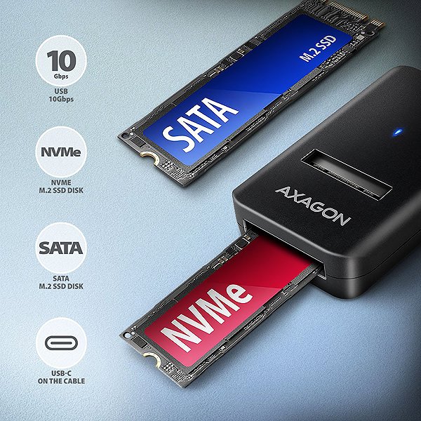 Adapter AXAGON ADM2-CM, adapter for M.2 NVMe & SATA SSD, USB-C 10 Gbps, cable 10 cm ...