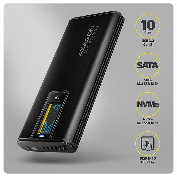 Externes Festplattengehäuse AXAGON EEM2-SD2B, M.2 Enclosure with Display for NVMe & SATA SSD, USB-C 10 Gbps, Screwless, Black ...