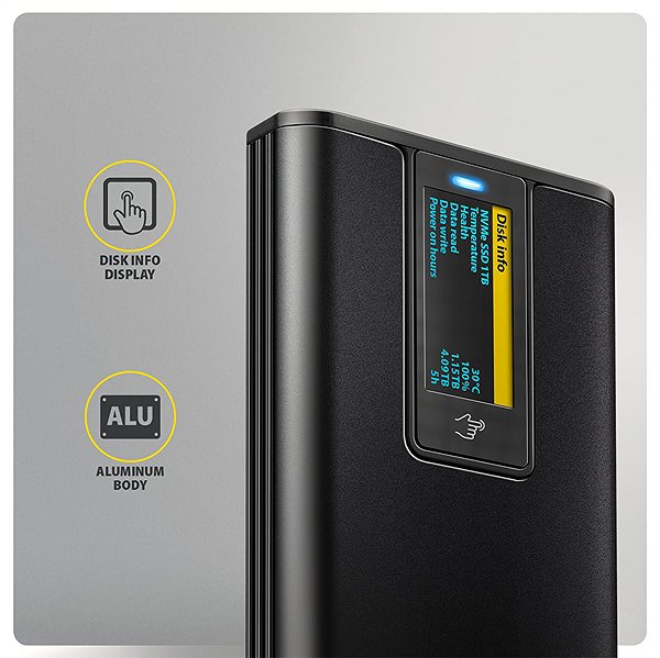 Externes Festplattengehäuse AXAGON EEM2-SD2B, M.2 Enclosure with Display for NVMe & SATA SSD, USB-C 10 Gbps, Screwless, Black ...
