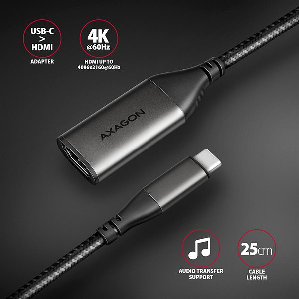 Videokábel AXAGON RVC-HI2M, USB-C -> HDMI 2.0a adapter, 4K/60Hz HDR10, metal case, braided ...