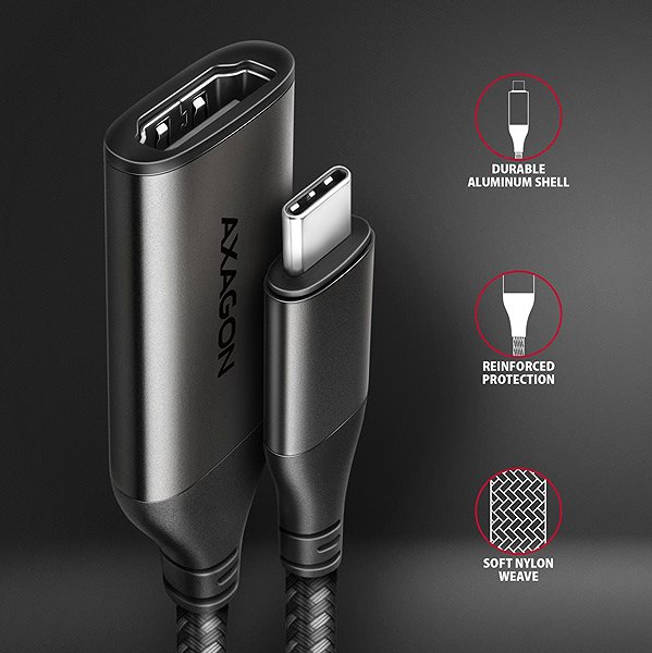 Adapter AXAGON RVC-HI2M, USB-C -> HDMI 2.0a adapter, 4K/60Hz HDR10, metal case, braided ...