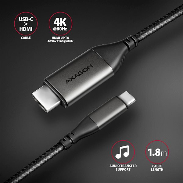 Videokábel AXAGON RVC-HI2MC, USB-C to HDMI 2.0 cable 1,8m, 4K / 60Hz HDR10, metal case, braided ...
