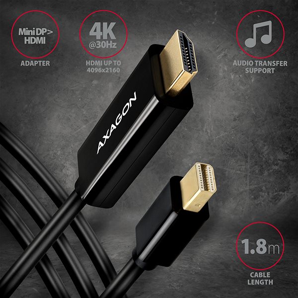 Videokabel AXAGON RVDM-HI14C2, Mini DisplayPort -> HDMI 1.4 Kabel 1.8m, 4K/30Hz ...