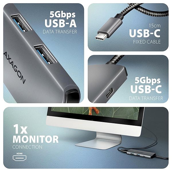 Port-Replikator AXAGON HMC-5H8K 5-in-1 Hub, USB-C 5Gbps, 2x USB-A, HDMI 8k/30Hz, PD 100W, USB-C cable 15 cm ...