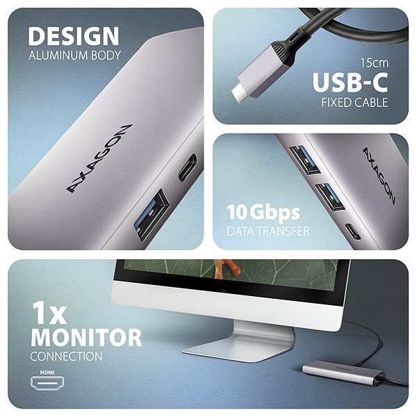 Dokkoló állomás AXAGON HMC-6G2L 6-in-1 Hub, USB-C 10Gbps, 2x USB-A, 1x USB-C, HDMI 4k/60Hz, RJ-45, PD 100W ...