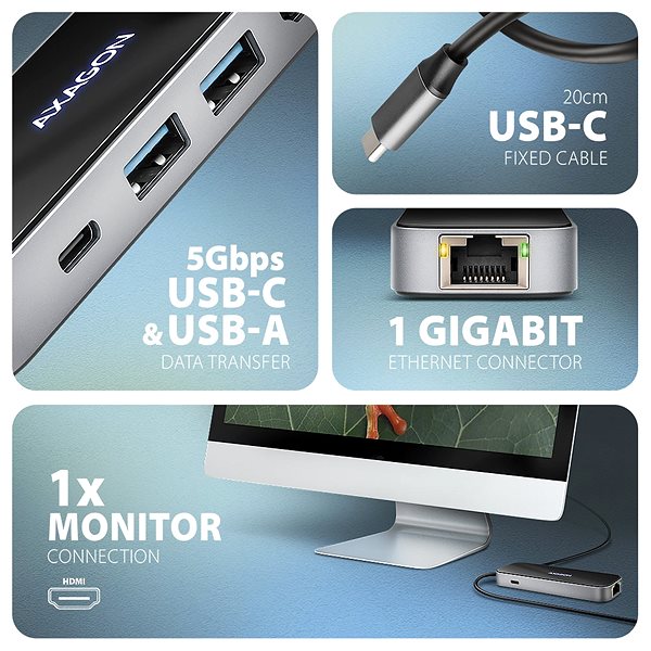 Dokkoló állomás AXAGON HMC-6GLN GLASS 6-in-1 Hub, USB-C 5Gbps, 2x USB-A, USB-C, HDMI 4k/60Hz, RJ-45, PD 100 W ...