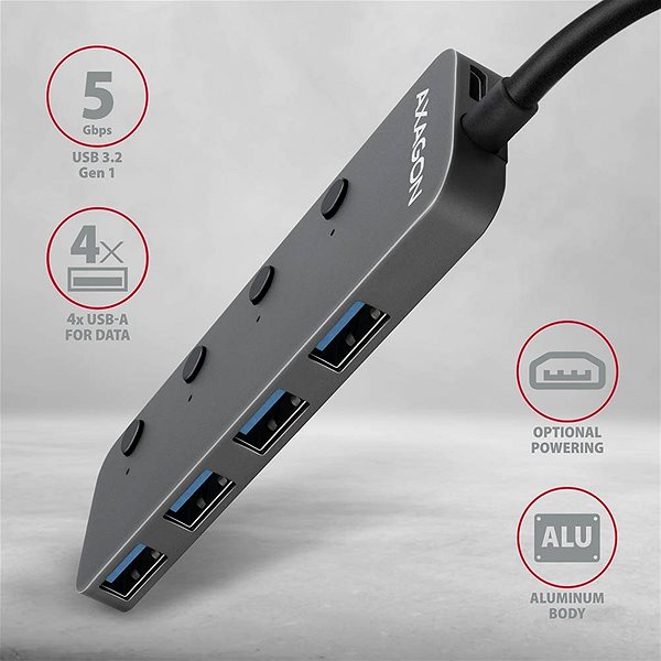 USB hub AXAGON HUE-MSA SWITCH Hub USB-A, metal Vlastnosti/technológia