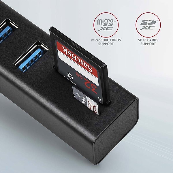 USB Hub AXAGON HMA-CR3A SuperSpeed hub, USB-A 5Gbps -> 3x USB-A & Card Reader, metal Features/technology