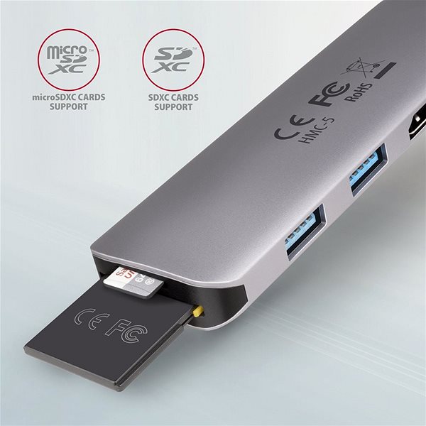 Replikátor portov AXAGON HMC-5 SuperSpeed USB-C 3.2 Gen 1 Multiport Hub, 2× USB, HDMI, SD/mSD, PD 100 W Lifestyle