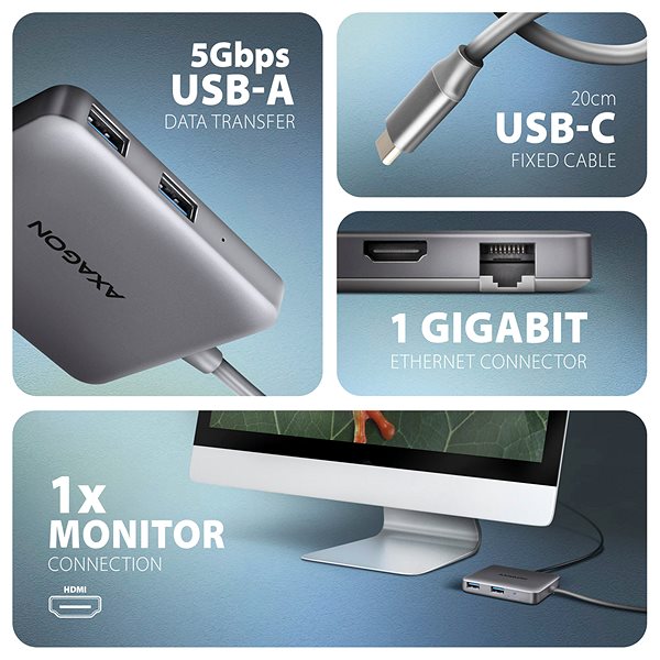 Port-Replikator AXAGON HMC-5HL 5-in-1 Hub, USB-C 5Gbps, 2x USB-A, HDMI 4k/60Hz, RJ-45, PD 100W, USB-C Kabel 20 cm ...
