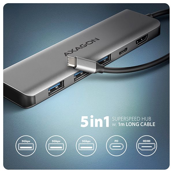 Replikátor portov AXAGON HMC-5H, 5-in-1 Hub, USB-C 5 Gbps, 3× USB-A, HDMI 4 k/30 Hz, PD 100 W, USB-C cable 100 cm ...