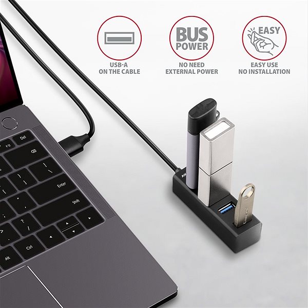 USB Hub AXAGON HUE-M1AL SuperSpeed USB-A > 4-port MINI Hub, Metal, 1.2m Cable Lifestyle