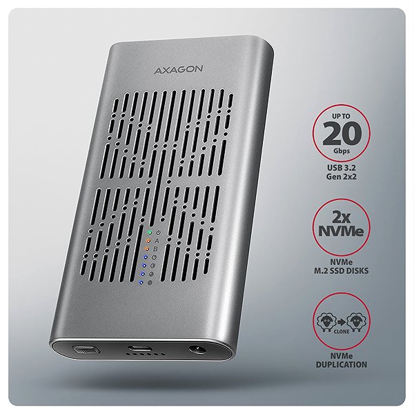 Externes Festplattengehäuse AXAGON EEM2-20GD, Dual M.2 NVMe SSD CLONE MASTER Enclosure, USB-C 20Gbps ...