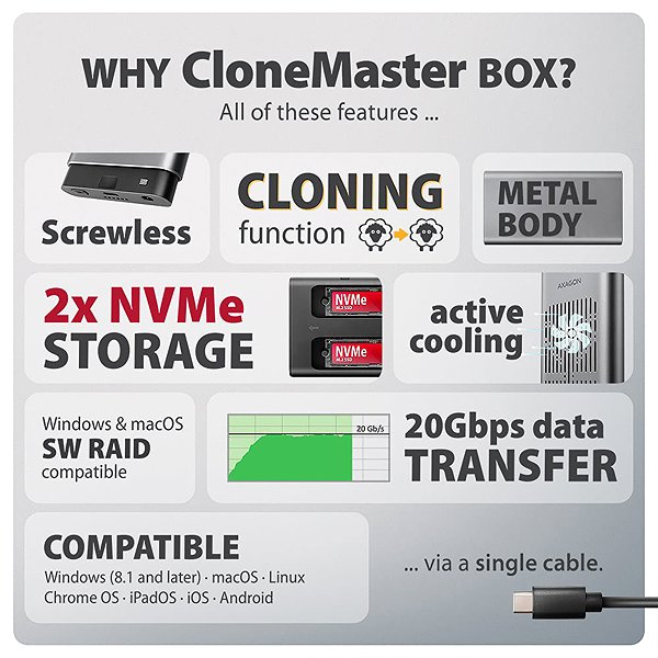 Externes Festplattengehäuse AXAGON EEM2-20GD, Dual M.2 NVMe SSD CLONE MASTER Enclosure, USB-C 20Gbps ...