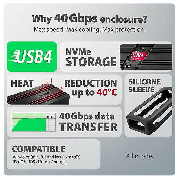 Külső merevlemez ház AXAGON EEM2-40G, M.2 NVMe SSD Enclosure, USB-C 40Gbps, ARMORED Aluminum ...