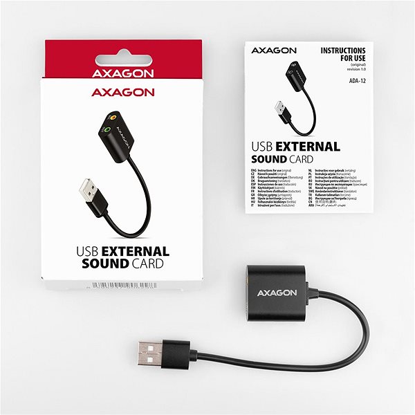 Külső hangkártya AXAGON ADA-12, USB-A external Sound Card, metal Csomag tartalma