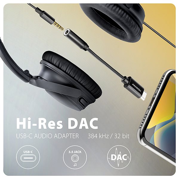 Externá zvuková karta AXAGON ADA-HC, Hi-Res DAC audio adaptér, 384 kHz/32 bit stereo, USB-C to 3.5 mm jack ...