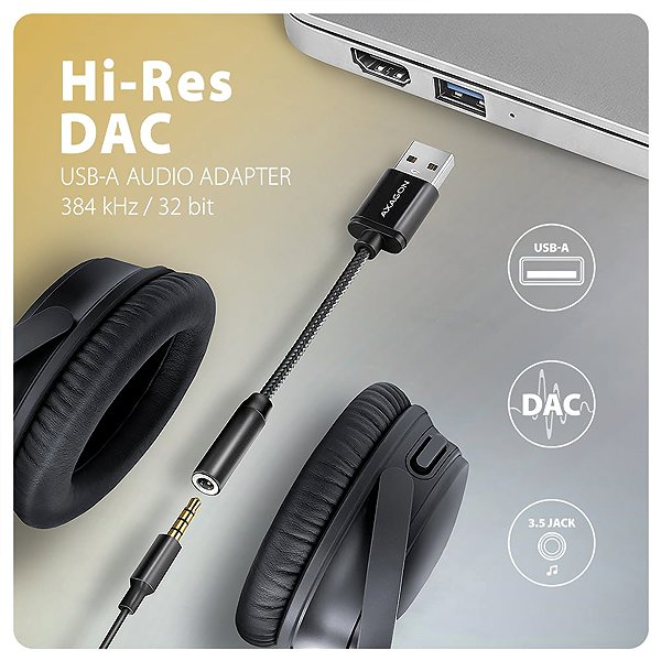 External Sound Card AXAGON ADA-HA, Hi-Res DAC audio adapter, 384kHz/32bit stereo, USB-A to 3.5mm jack ...