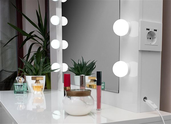 Toaletný stolík Aga Toaletný stolík MRDT06 so zrkadlom, osvetlením a el. zásuvkou, lesklý biely ...