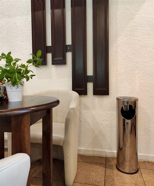ALDA Cigarette Pillar 15L bin with ashtray, gloss stainless steel.
