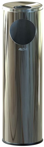ALDA Cigarette Pillar 15L bin with ashtray, gloss stainless steel.