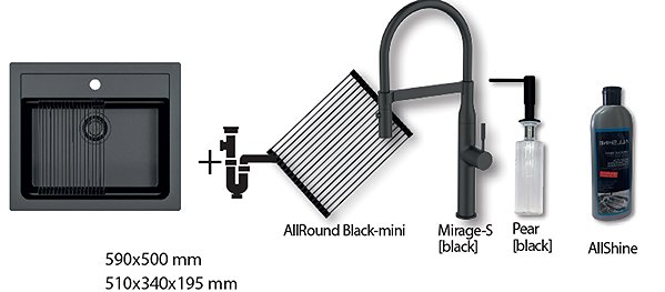 Kitchen Sink and Tap Set Alveus Atrox 30 + Mirage-S + Allround Black Mini + Pear black + AllShine ...