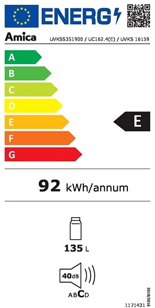 Hűtőszekrény AMICA UVKS 16159 Energia címke