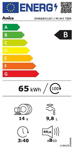 Myčka AMICA MI 647 TBIM Energetický štítek