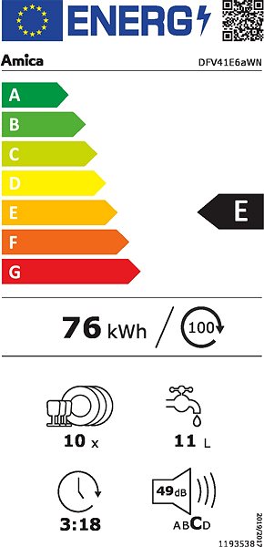 Mosogatógép AMICA DFV41E6aWN Energia címke