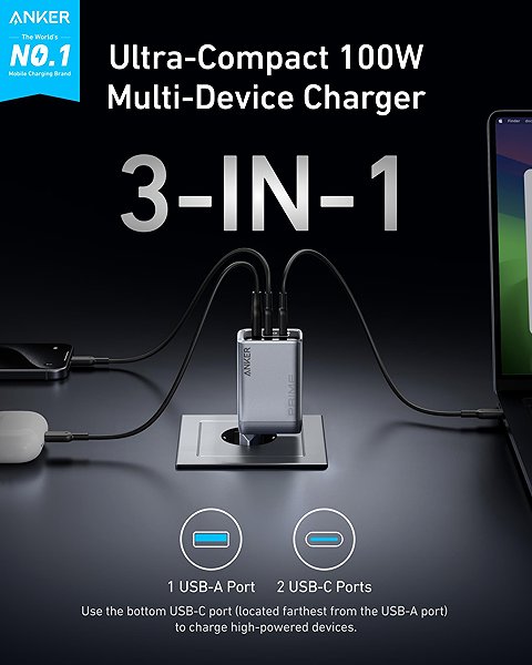 AC Adapter Anker Prime Charger 100W 3 Ports GaNPrime Silver ...