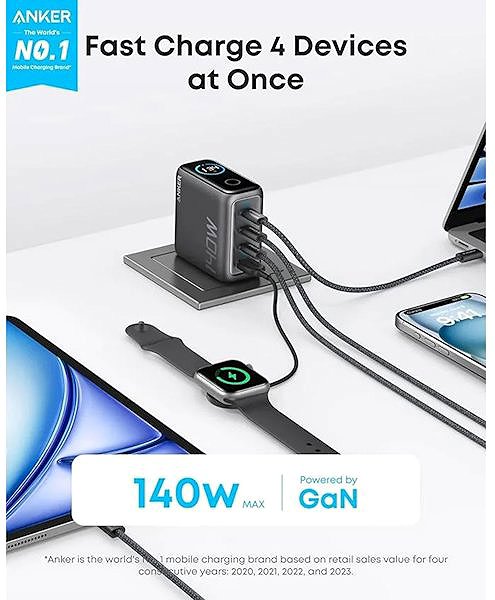 Wall Charger Anker 140W, 3xUSB-C, 1xUSB grey ...