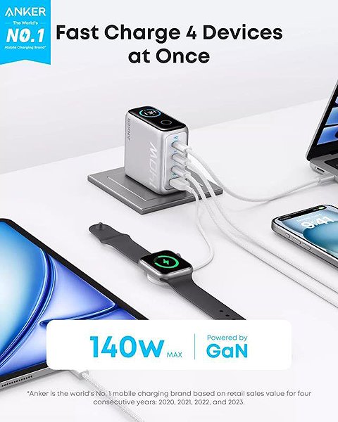 Wall Charger Anker 140W, 3xUSB-C, 1xUSB silver ...