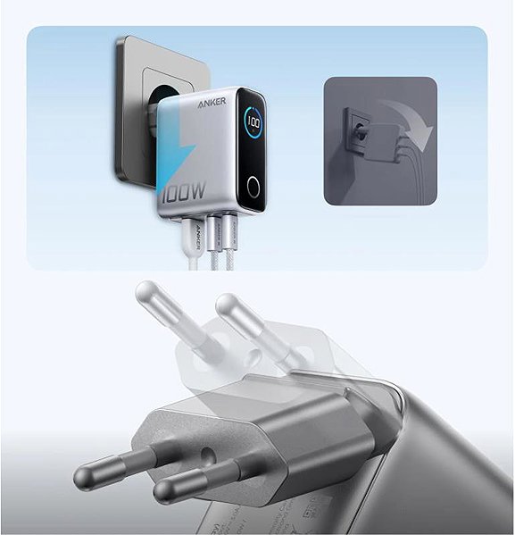 Wall Charger Anker 100W, 2xUSB-C, 1xUSB silver ...