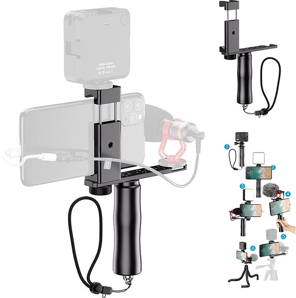 Phone Holder Apexel Video Rig With Microphone and LED Light Features/technology