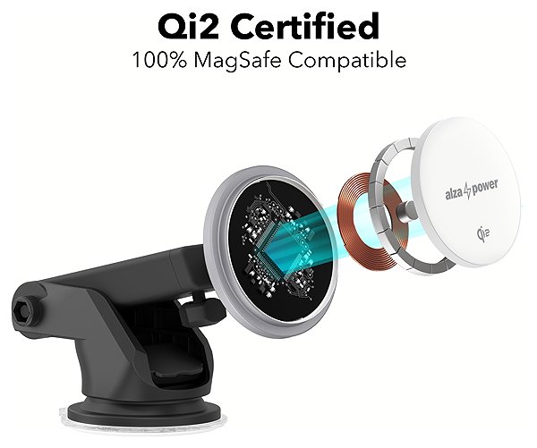 Phone holder AlzaPower WQC300 Wireless Qi2 Compatible with MagSafe Car Charger 15W silver ...