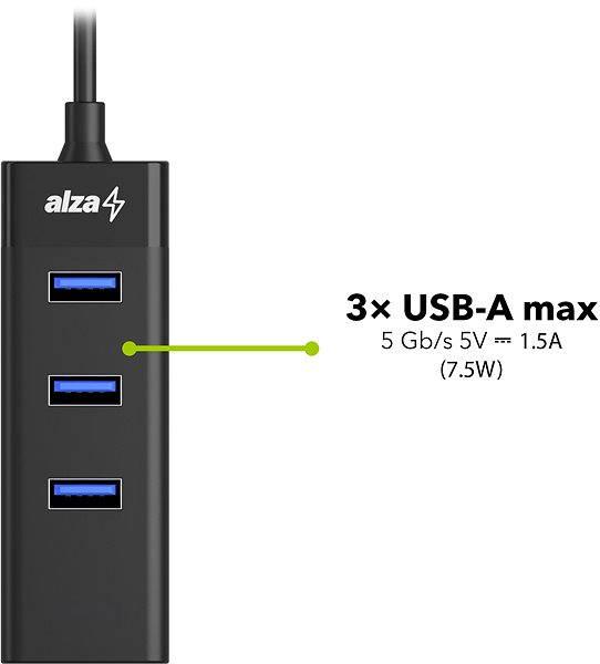 USB Hub AlzaPower Core USB-A (M) to 3× USB-A (F) with LAN Black Features/technology